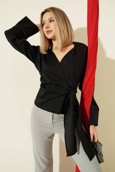 Yanı Kuşak Bağlamalı Kısa Gömlek Siyah - Yılın Fırsatı