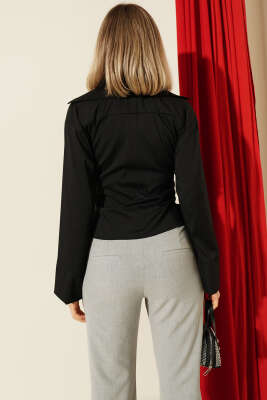 Yanı Kuşak Bağlamalı Kısa Gömlek Siyah - Yılın Fırsatı