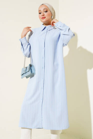 Yanı Yırtmaçlı Çizgili Uzun Gömlek Açık Mavi - Gömlek