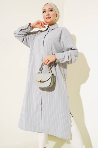 Yanı Yırtmaçlı Çizgili Uzun Gömlek Gri - Gömlek
