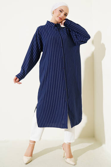 Yanı Yırtmaçlı Çizgili Uzun Gömlek Lacivert - Gömlek