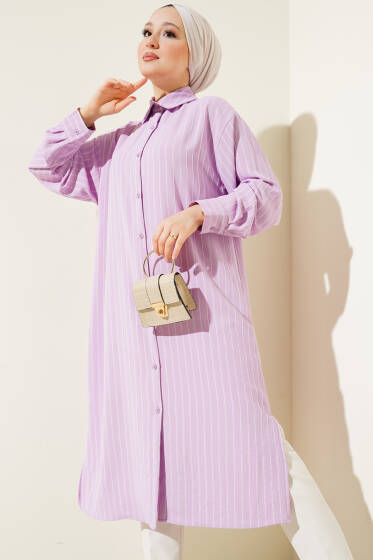 Yanı Yırtmaçlı Çizgili Uzun Gömlek Lila - Gömlek