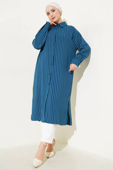 Yanı Yırtmaçlı Çizgili Uzun Gömlek Petrol - Gömlek