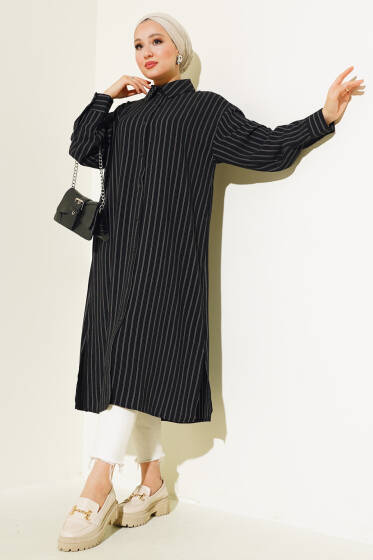 Yanı Yırtmaçlı Çizgili Uzun Gömlek Siyah - Gömlek