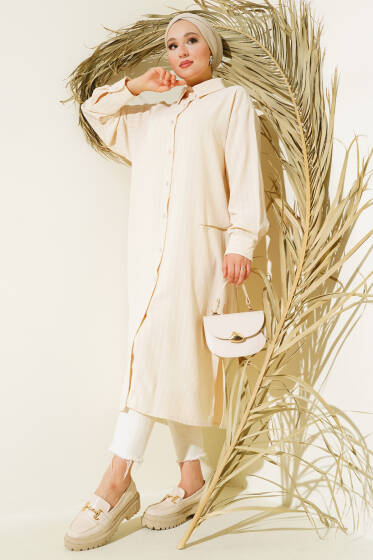 Yanı Yırtmaçlı Çizgili Uzun Gömlek Taş - Gömlek