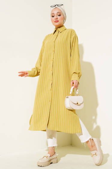 Yanı Yırtmaçlı Çizgili Uzun Gömlek Yağ Yeşili - Gömlek