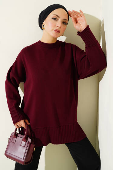 Yanı Yırtmaçlı Oversize Triko Tunik Bordo - Tunik