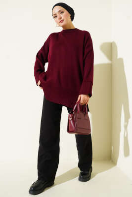 Yanı Yırtmaçlı Oversize Triko Tunik Bordo - Tunik