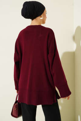 Yanı Yırtmaçlı Oversize Triko Tunik Bordo - Tunik