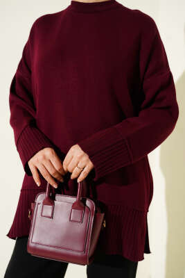 Yanı Yırtmaçlı Oversize Triko Tunik Bordo - Tunik