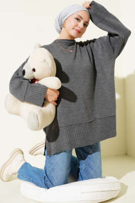 Yanı Yırtmaçlı Oversize Triko Tunik Füme - VANİZA TRİKO