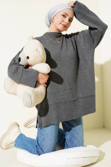 Yanı Yırtmaçlı Oversize Triko Tunik Füme - Tunik