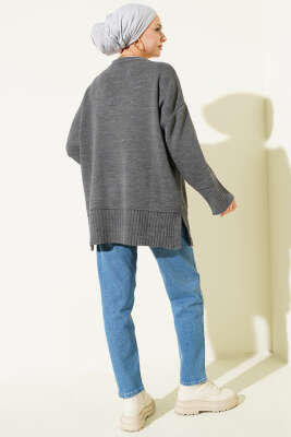 Yanı Yırtmaçlı Oversize Triko Tunik Füme - Tunik