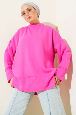 Yanı Yırtmaçlı Oversize Triko Tunik Fuşya - VANİZA TRİKO