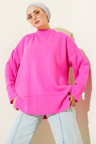 Yanı Yırtmaçlı Oversize Triko Tunik Fuşya - Tunik
