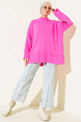 Yanı Yırtmaçlı Oversize Triko Tunik Fuşya - Tunik