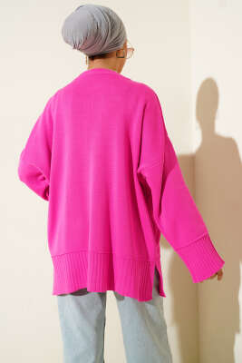 Yanı Yırtmaçlı Oversize Triko Tunik Fuşya - Tunik