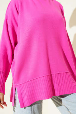 Yanı Yırtmaçlı Oversize Triko Tunik Fuşya - Tunik