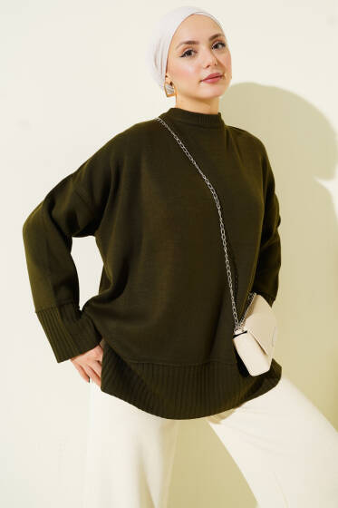 Yanı Yırtmaçlı Oversize Triko Tunik Haki - Tunik