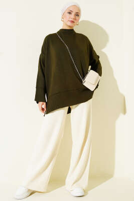 Yanı Yırtmaçlı Oversize Triko Tunik Haki - Tunik