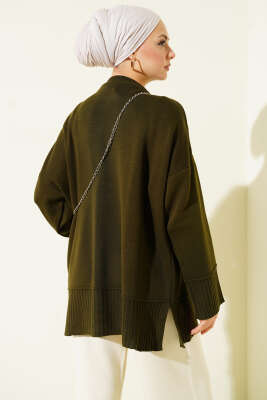 Yanı Yırtmaçlı Oversize Triko Tunik Haki - Tunik