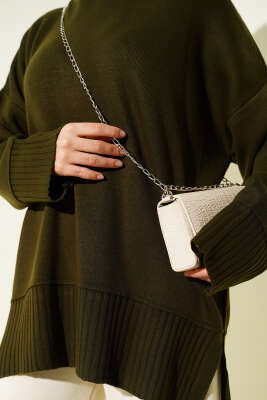 Yanı Yırtmaçlı Oversize Triko Tunik Haki - Tunik