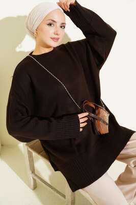 Yanı Yırtmaçlı Oversize Triko Tunik Kahve - VANİZA TRİKO