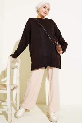 Yanı Yırtmaçlı Oversize Triko Tunik Kahve - Tunik