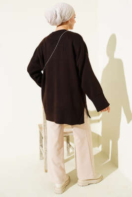 Yanı Yırtmaçlı Oversize Triko Tunik Kahve - Tunik