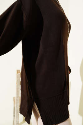 Yanı Yırtmaçlı Oversize Triko Tunik Kahve - Tunik
