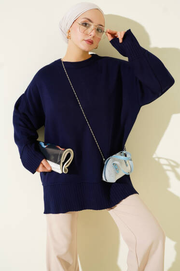 Yanı Yırtmaçlı Oversize Triko Tunik Lacivert - Tunik
