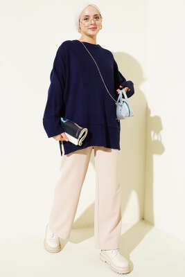 Yanı Yırtmaçlı Oversize Triko Tunik Lacivert - Tunik