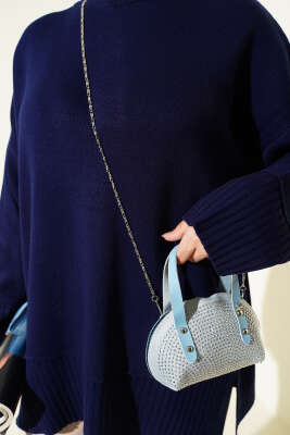 Yanı Yırtmaçlı Oversize Triko Tunik Lacivert - Tunik