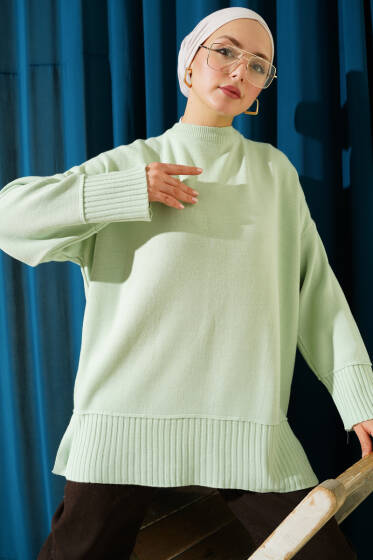 Yanı Yırtmaçlı Oversize Triko Tunik Mint - Tunik