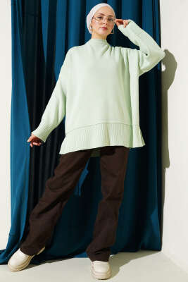 Yanı Yırtmaçlı Oversize Triko Tunik Mint - Tunik