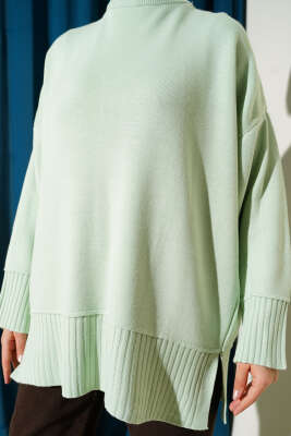 Yanı Yırtmaçlı Oversize Triko Tunik Mint - Tunik