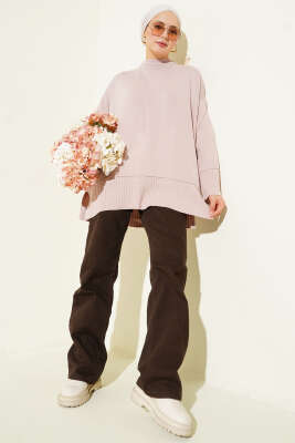 Yanı Yırtmaçlı Oversize Triko Tunik Pudra - 300-500 TL Ürünler