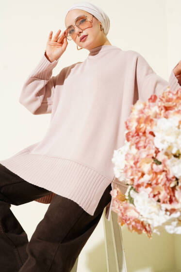 Yanı Yırtmaçlı Oversize Triko Tunik Pudra - Tunik
