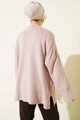 Yanı Yırtmaçlı Oversize Triko Tunik Pudra - Tunik