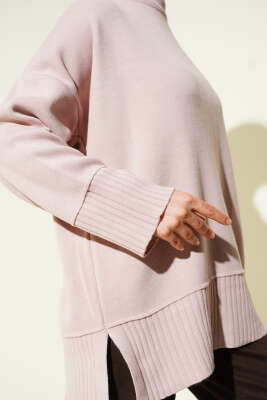 Yanı Yırtmaçlı Oversize Triko Tunik Pudra - Tunik