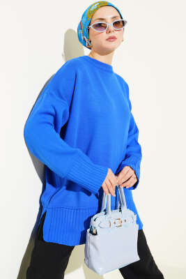 Yanı Yırtmaçlı Oversize Triko Tunik Saks 