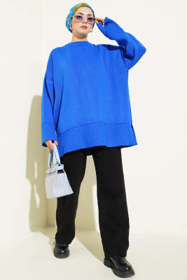 Yanı Yırtmaçlı Oversize Triko Tunik Saks - Tunik