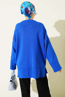 Yanı Yırtmaçlı Oversize Triko Tunik Saks - Tunik