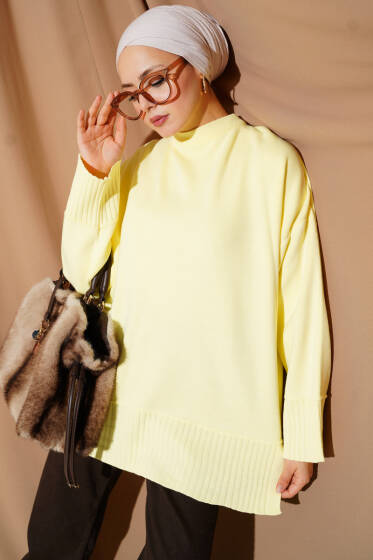 Yanı Yırtmaçlı Oversize Triko Tunik Sarı - Tunik