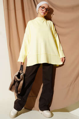 Yanı Yırtmaçlı Oversize Triko Tunik Sarı - Tunik
