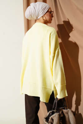 Yanı Yırtmaçlı Oversize Triko Tunik Sarı - Tunik