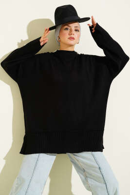 Yanı Yırtmaçlı Oversize Triko Tunik Siyah - VANİZA TRİKO
