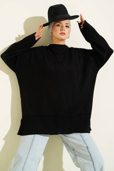 Yanı Yırtmaçlı Oversize Triko Tunik Siyah - Tunik