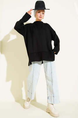 Yanı Yırtmaçlı Oversize Triko Tunik Siyah - Tunik