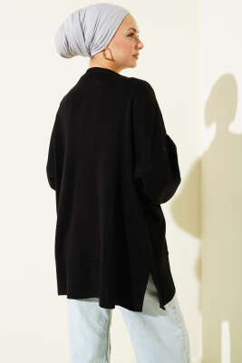 Yanı Yırtmaçlı Oversize Triko Tunik Siyah - Tunik